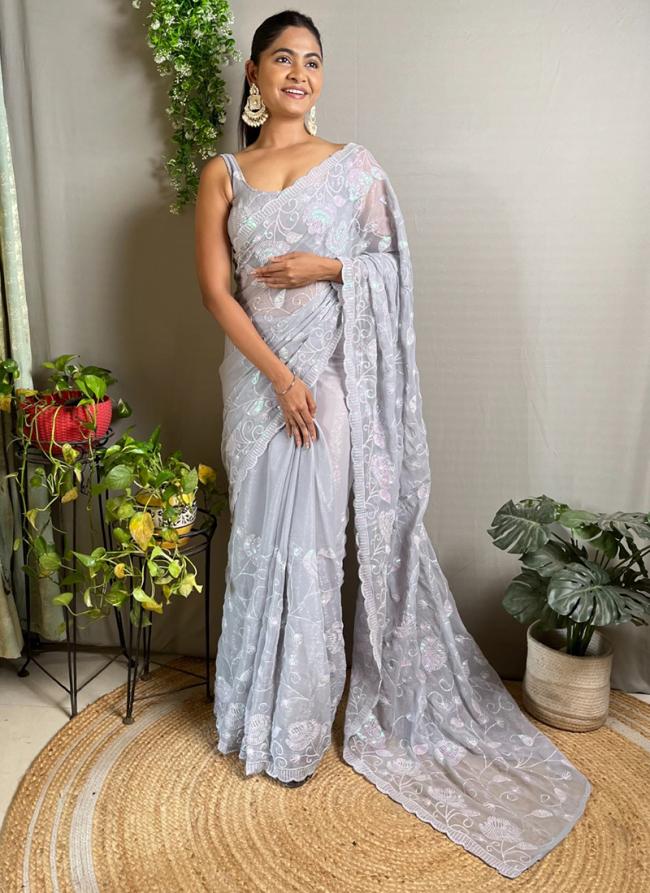 Shimmer Silk Grey Casual Wear Sequence Work Saree